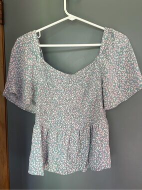 URBAN Romantics Blue Smocked Floral Peplum Top with Pink Accents
